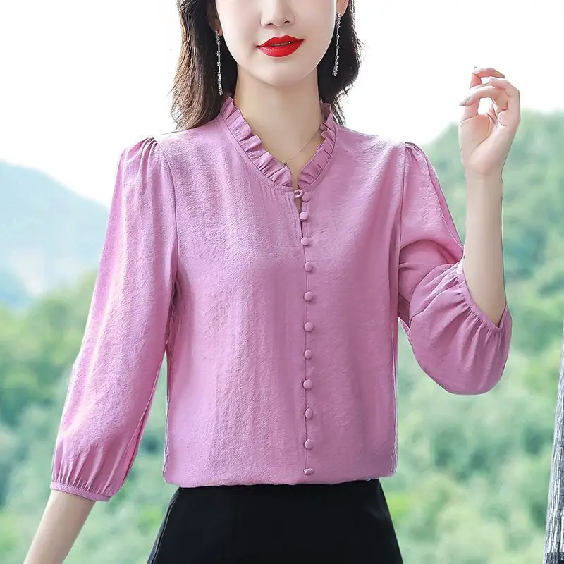 Women's Clothing Spring Summer Solid Color Pullover Chiffon Lantern Long Sleeve T-shirt Button Loose Office Lady All-match Tops