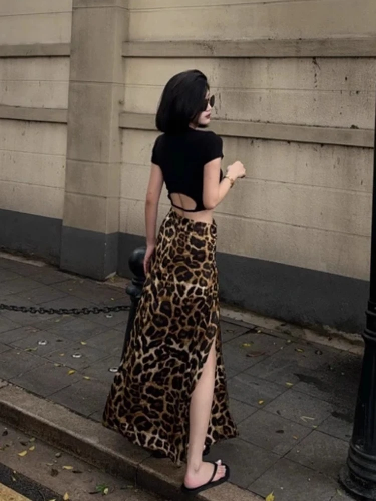 High Waist A-Line Long Skirt Women's Summer Fashion Hang Sense Slimming Half Skirt Leopard Print Pleated Split Korean Style