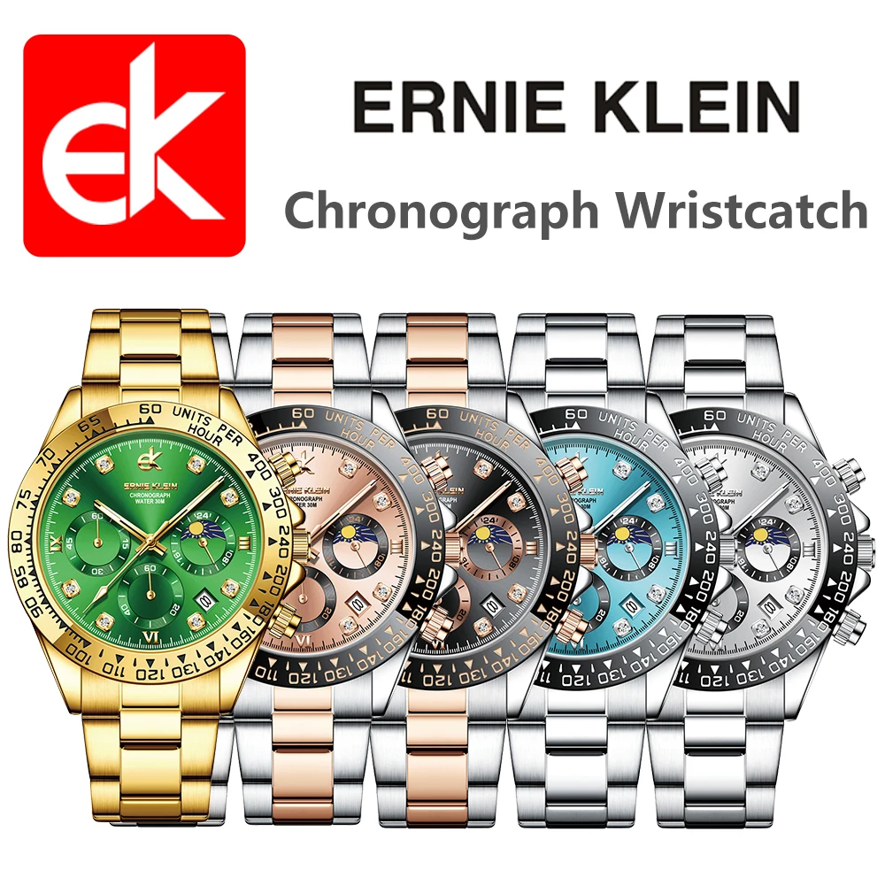 ERNIE KLEIN Men\'s Watches Business Fashion Pilot Style Original Quartz Watch for Man Waterproof Stainaless Steel Zircon Scale