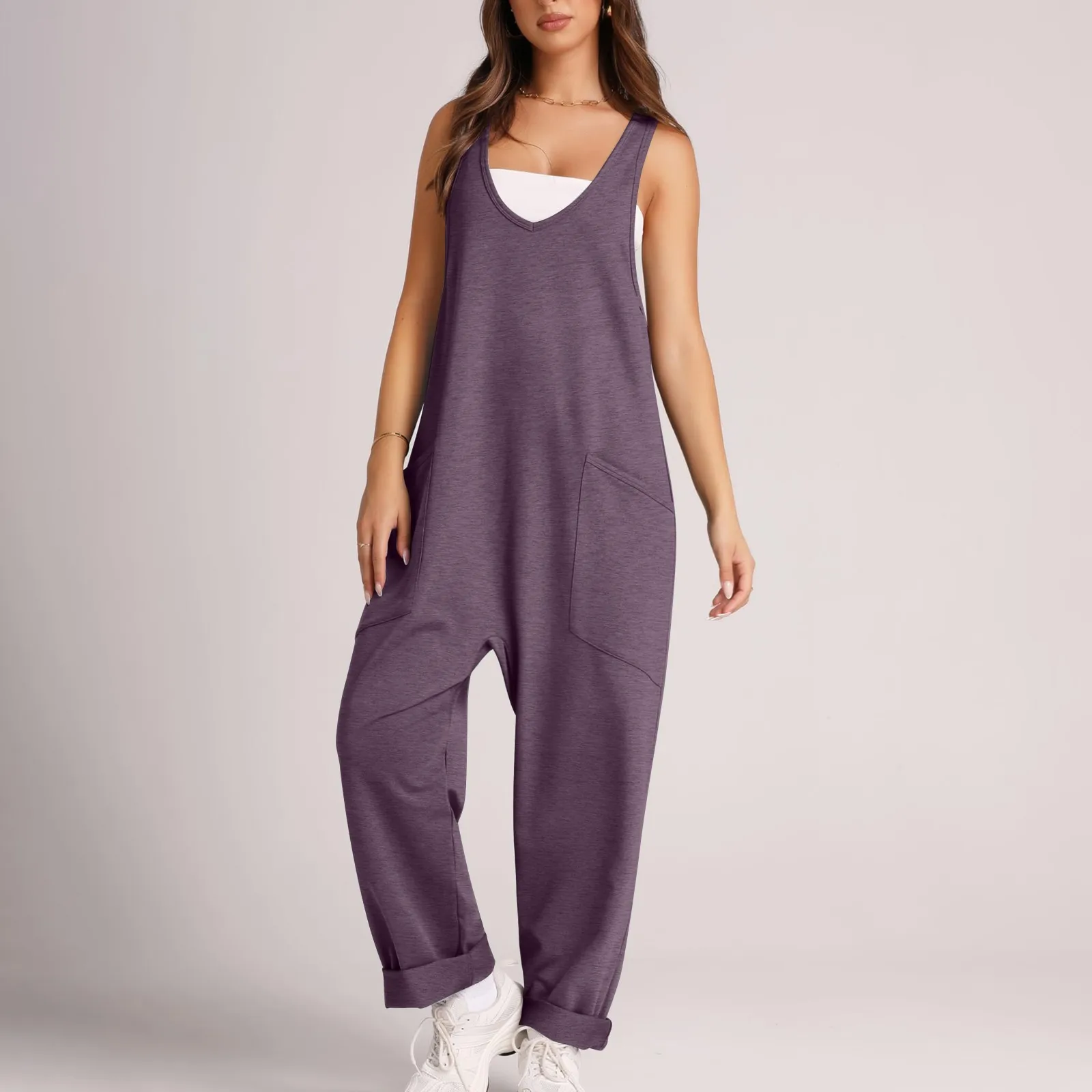 Mono holgado informal para mujer, peto con bolsillos lisos, pantalones de pierna ancha, moda de verano, novedad de 2024