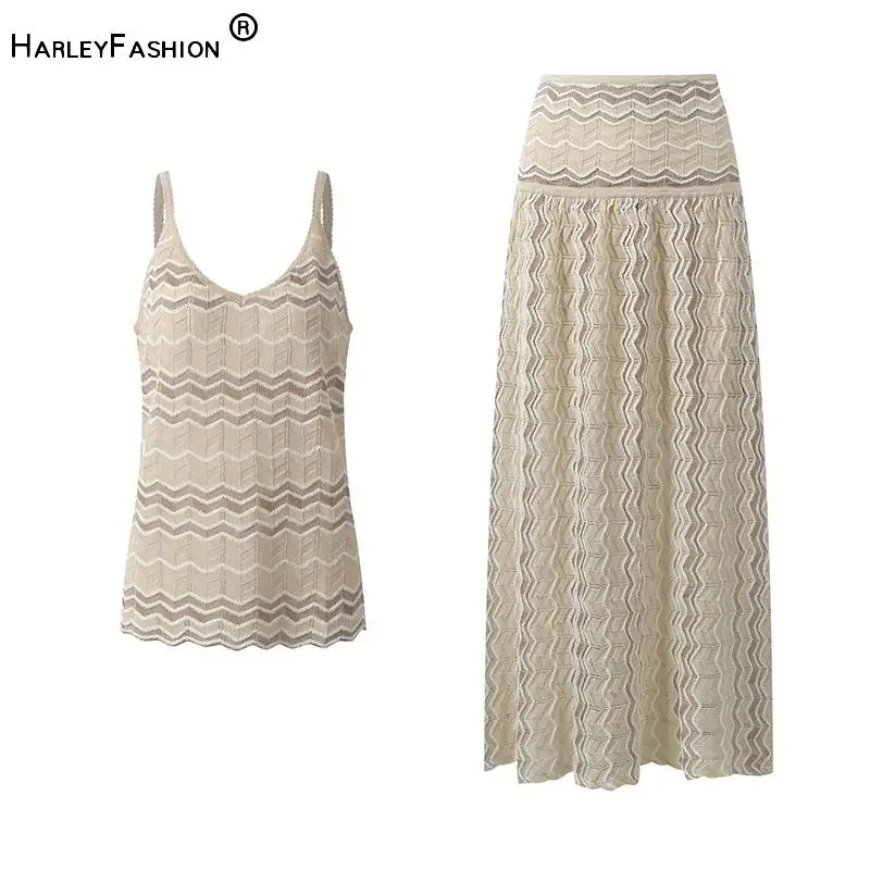 2026 Summer Lady Custom Designed Colorblock Wavy Striped Suit V-neck Slips Tops A-line Long Skirt Women Casual Knit 2pcs