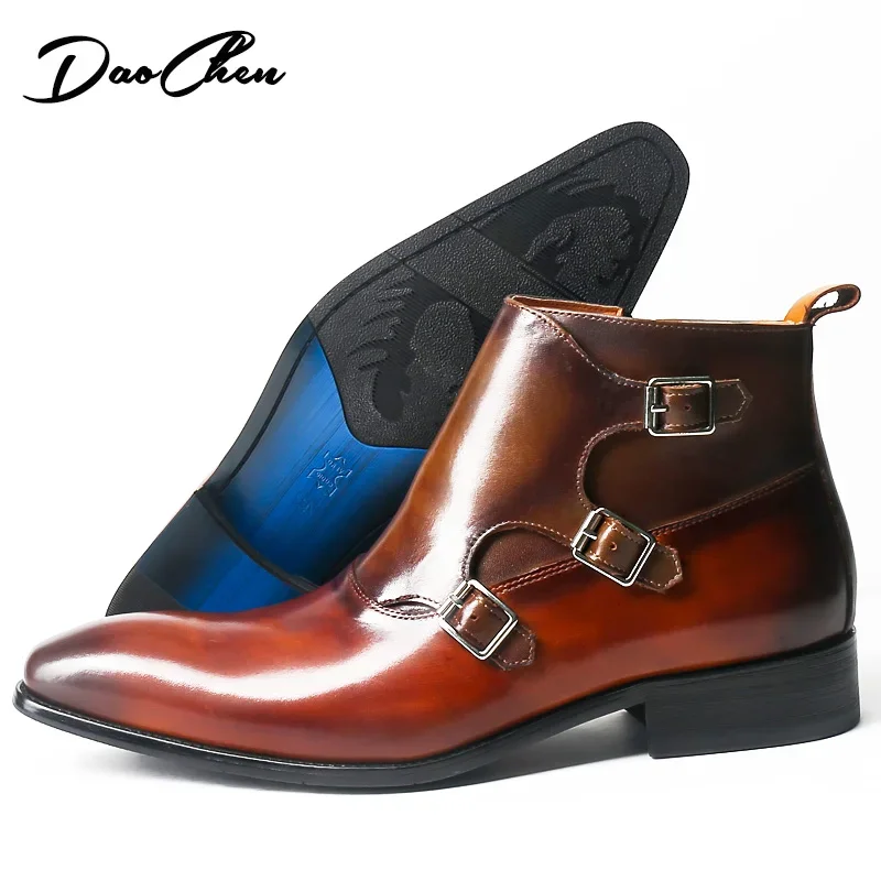 Luxury Men Ankle Boots Shoes Black Mixed Colors Zipper Three Double Buckle Strap Genuine Leather Casual Dress Boots Men