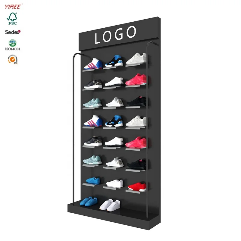 

Custom. custom footwear boutique logo shop design steel powder coat black slat wall shoes display shelf