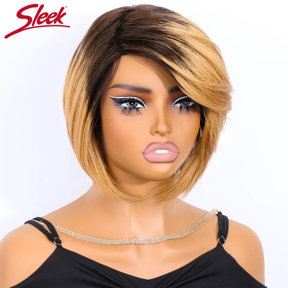 Sleek Brazilian Short Straight Bob Human Hair Wigs With Bangs Full Machine Made Side Part Ombre Blonde Human Hair Wigs For Women