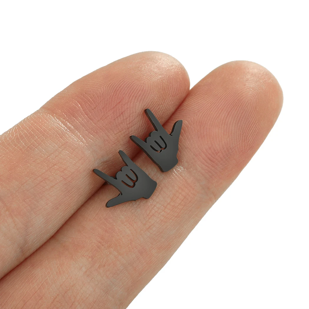 CHENGXUN Sign Language ASL I Love You Rock On Hand Stud Earrings Rock n Roll Studs Stainless Steel Earrings Music Lover Gift