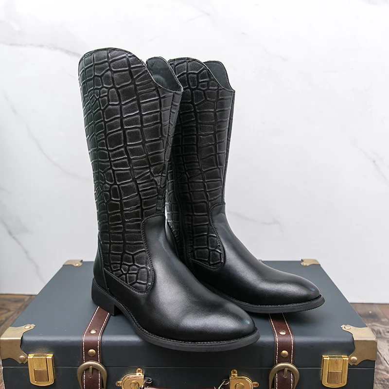 

Retro Western Cowboy Boots for Men High Top Mid-Calf Sniptoe Thick Sole Leather Non-Slip Rubber Outsole Durable Riding Shoes