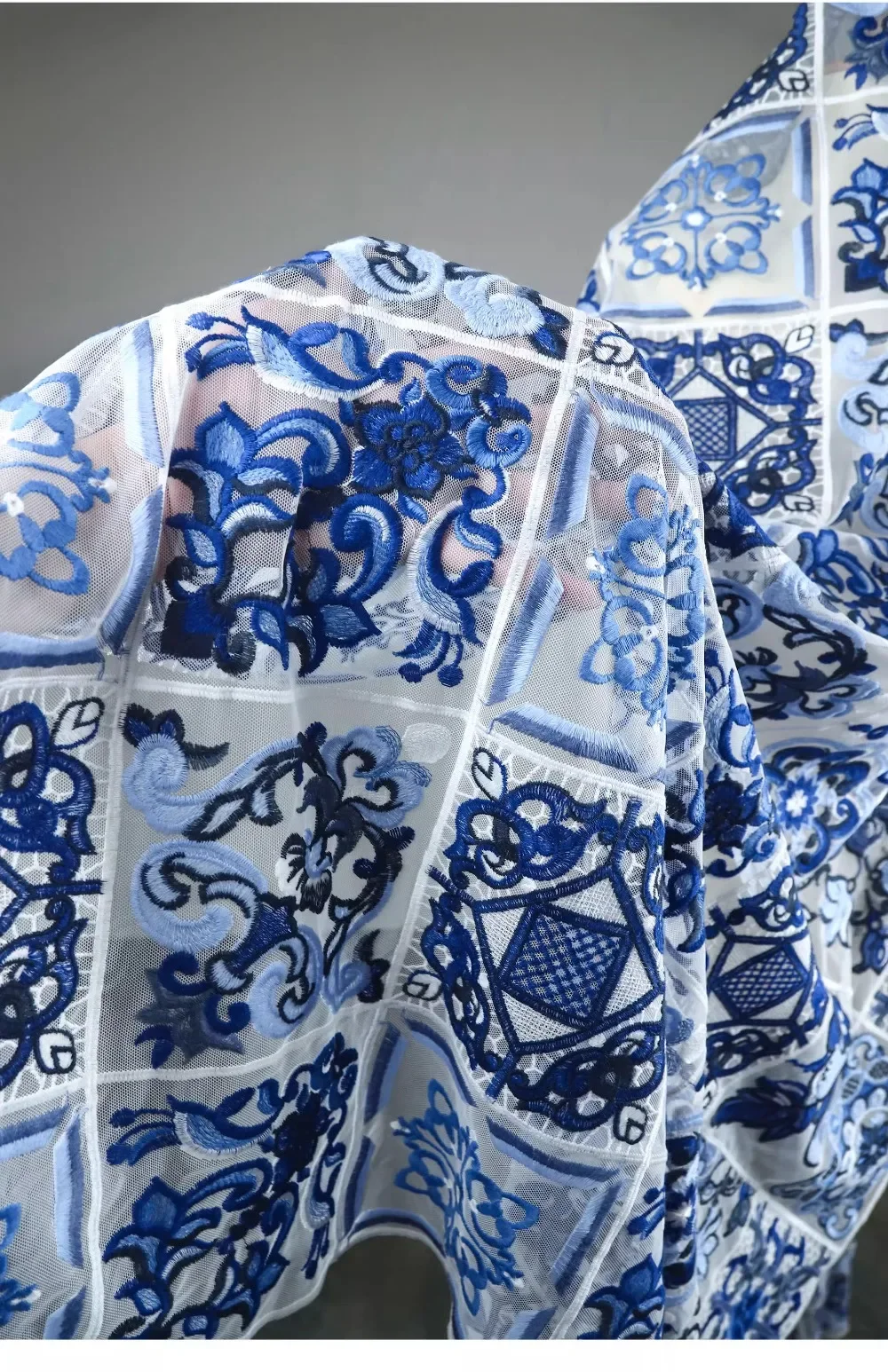 Unique Chinese Style Blue and White Porcelain Check Embroidery Net Fabric for Dressmaking and Home Decoration