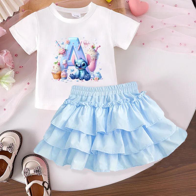 

Милая рубашка Disney Stitch для девочек, платья принцессы, летнее платье, платье с оборками, детская футболка, студенческие плиссированные брюки-кюлоты, юбки, подарок для детей