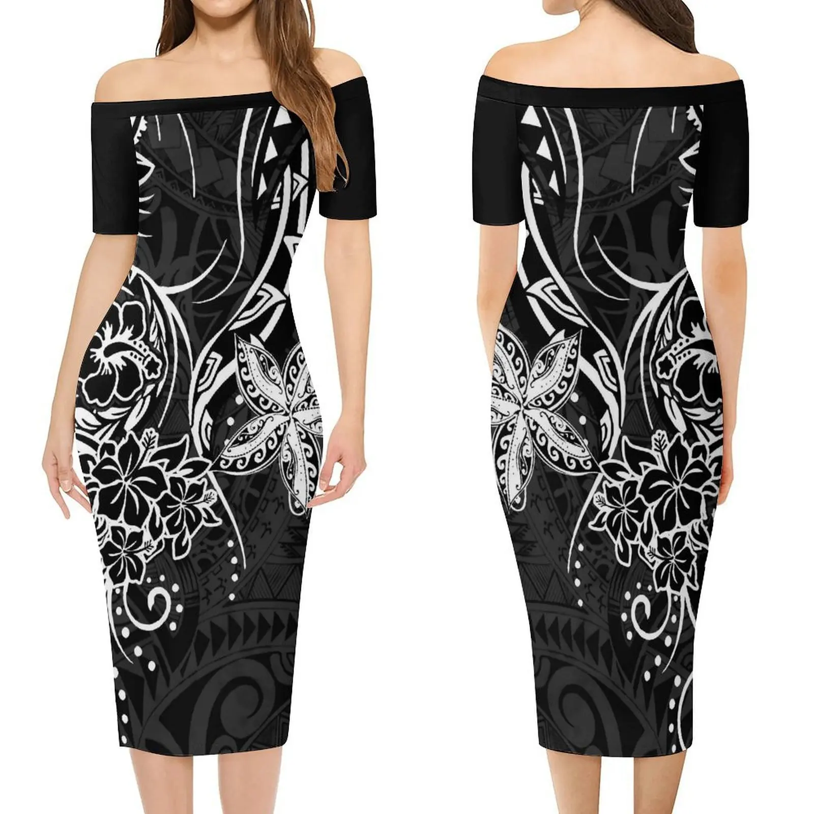 사모아 히비스커스 꽃이 있는 맞춤 디자인 여성 드레스 패턴 태평양 섬 폴리네시아 슬림핏 원숄더 드레스