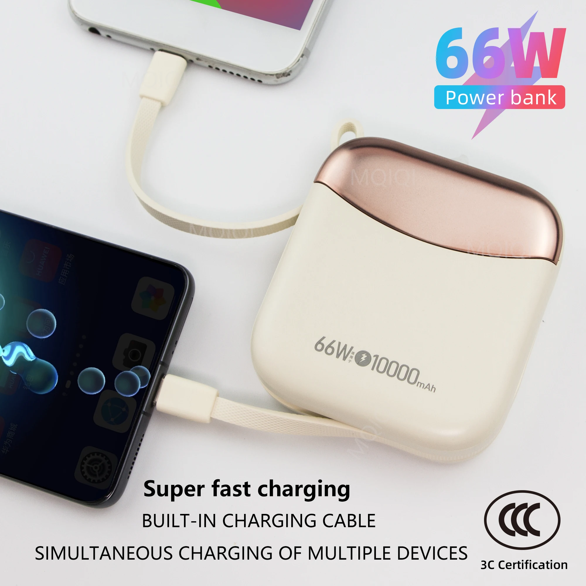 

MQIQI Power Bank 10000mAh Portable PD 22.5W/66W Fast Charging PowerBank Built-in Cable External Rechargeable Batteries For Phone