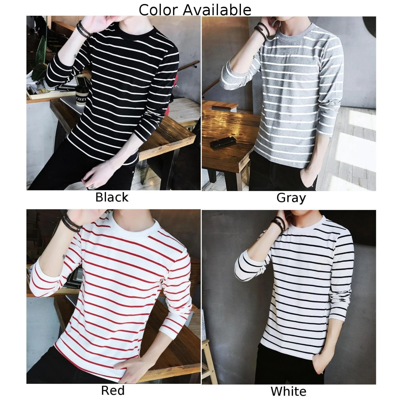 Trendy Mens Crew Neck T Shirt Stripe Long Sleeve Tops Blouse for Sports and Everyday Wear White/Black/Red/Gray