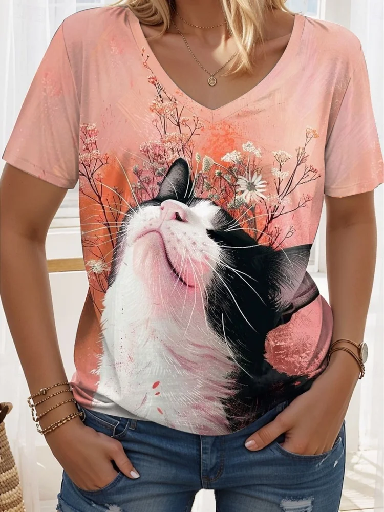 

Women's T-Shirts Cat Graphic Print Vintage Stylish Classic Multiple Colors Short Sleeve V-Neck Regular Tops Daily Print Summer
