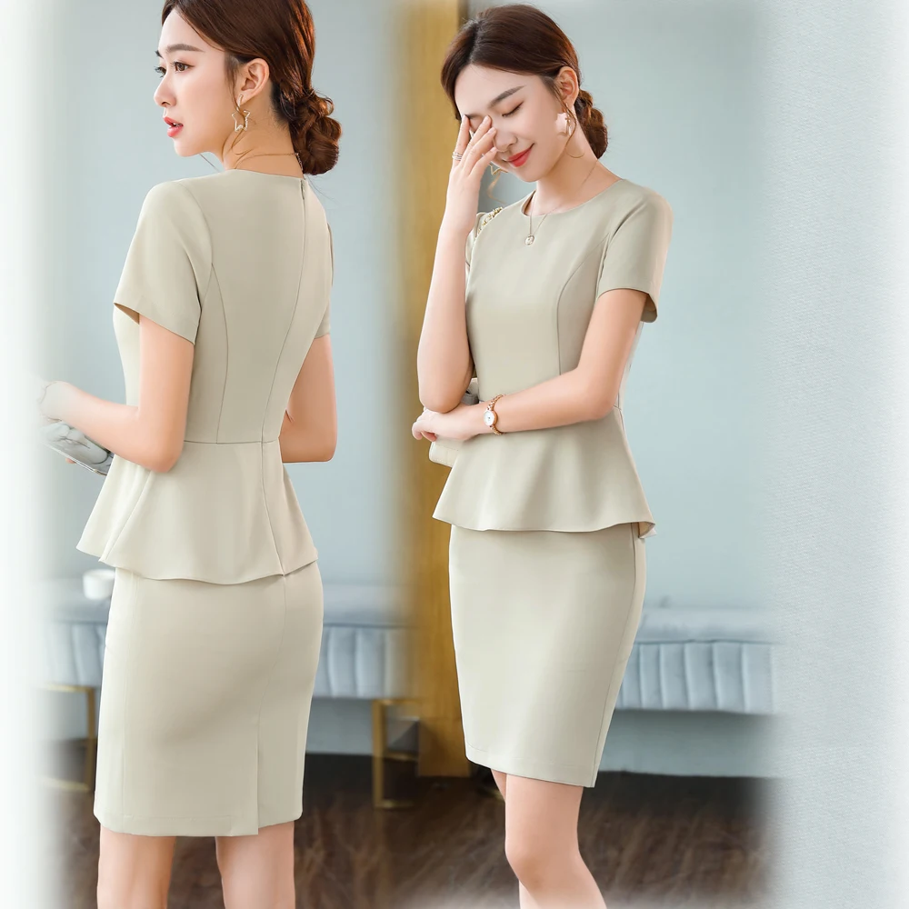 High Quality Summer Korean Short Sleeve Office Pencil Skirt Women\'s  Ruched Splicing Fake Two Piece Female Elegant Beige Dresses