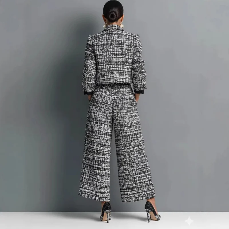 QICHE New 2026 Women European Matching Set Lapel Long‑Sleeve Cropped Jacket Slim‑Fit Wide‑Leg Pants Outfit view 3