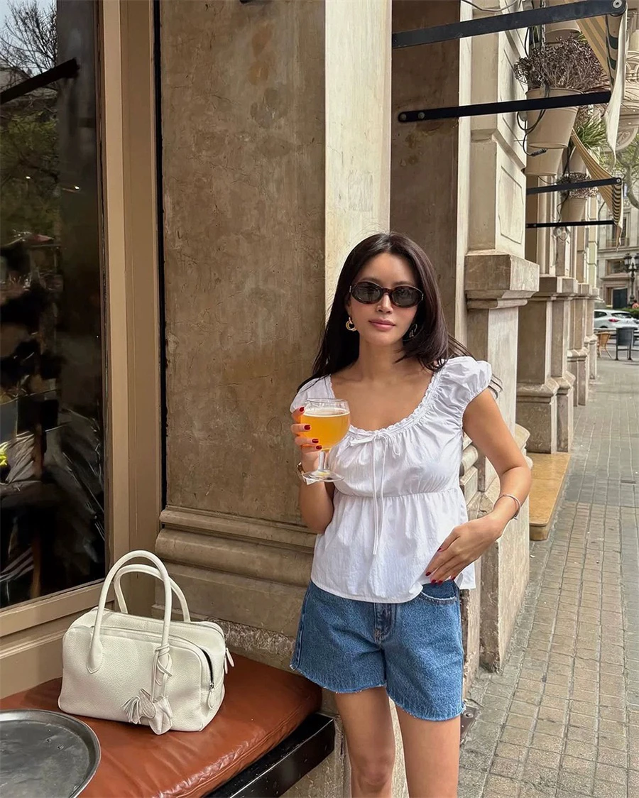 

Ele Lace Trim Belted round Ne Bubble Sve Top Women's Summer New Sle Cotton 00% Breathable Comfortable Casual irt