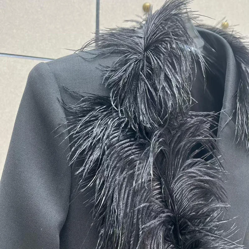 Blazer met struisvogelverenkraag voor dames, getailleerd jasje, premium zwart high-street pak, lente 2026 nieuw binnen, Y2K-stijl