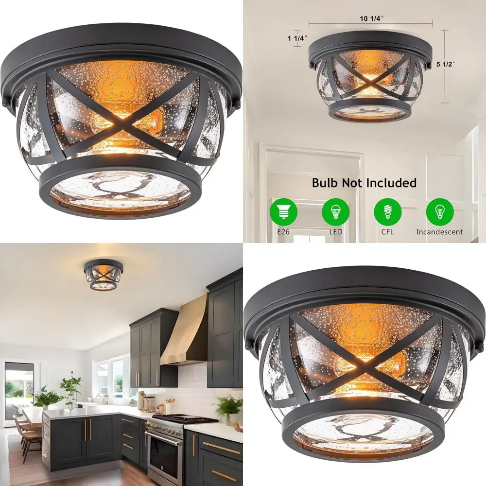 

2-Light Bronze Flush Mount Ceiling Fixture with Seeded Glass for Farmhouse Style, Suitable for Indoor and Outdoor Use in Kitchen