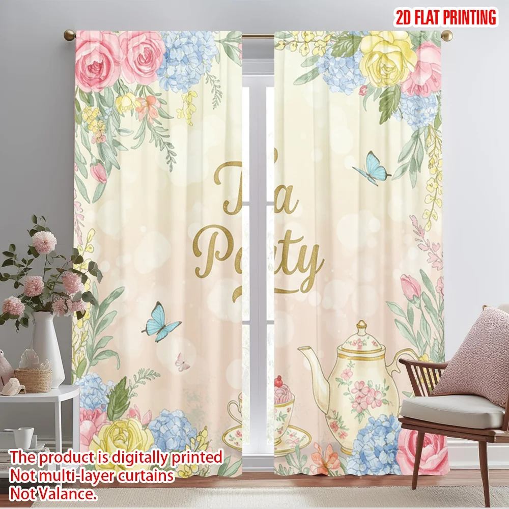 

2pcs 2D flat printing Window Treatment Curtains Tea Party Floral Butterflies Polyester Without Electricity Festive Holiday Use