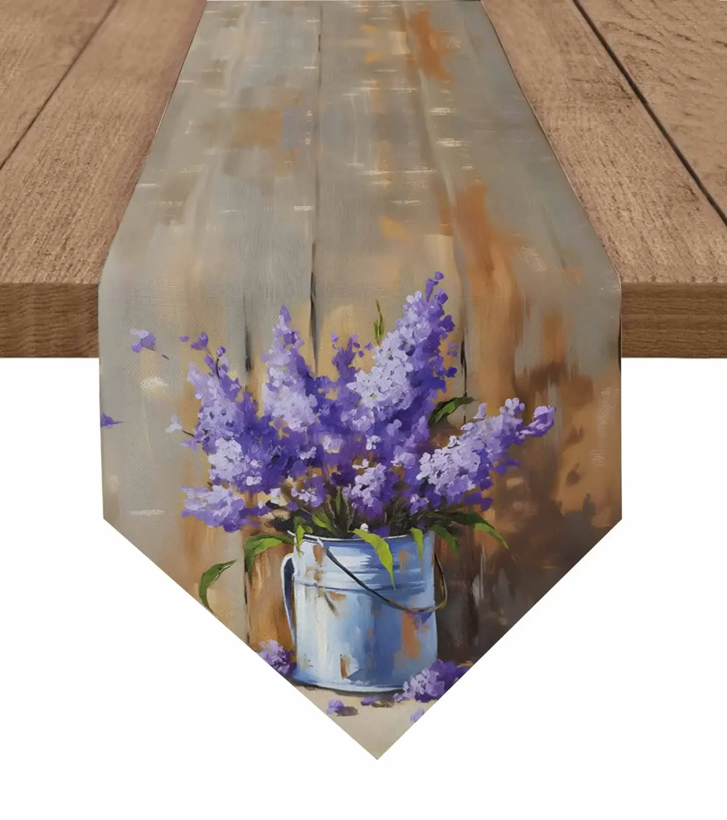 Oil Painting Purple Lavender Iron Bucket Table Runner Wedding Party Tablecloth Coffee Dinning Table Decoration Table Runner