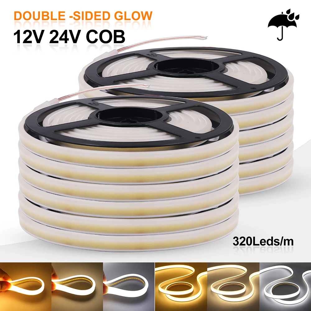 IP67 Waterproof 12V 24V COB LED Strip Light High Brighter 320 LEDs/m Flexible Ribbon Rope Light For Home Bedroom Decoration