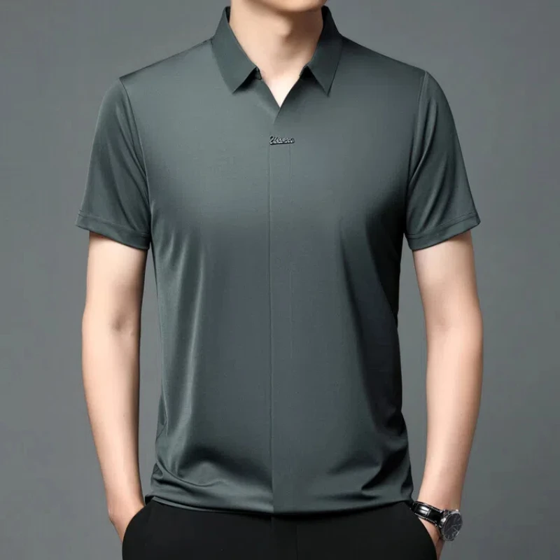 Smart Casual Summer Polo Shirts Men\'s Turn-down Collar Solid Color Thin Style Ice Silk Trend Versatile Slim Short Sleeve Tops