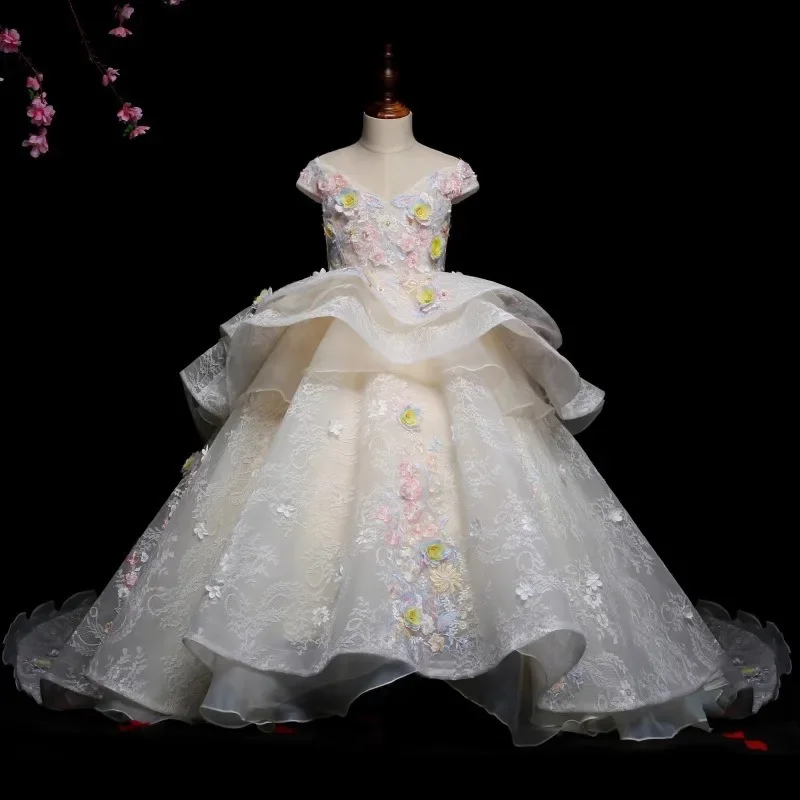 

GUXQD Ball Gown Baby Flower Girl Dresses Appliques Court Train Princess Prom Birthday Party Gowns Wedding Kids