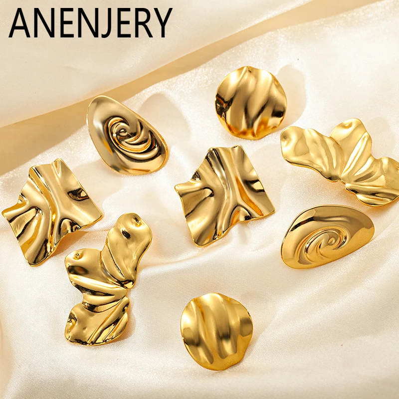 ANENJERY 316L Stainless Steel Geometric Irregular Folds Earring for Women Simple Personality Jewelry Gifts Wholesale