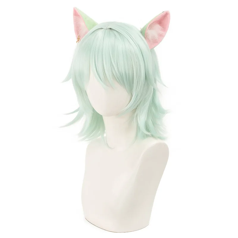 Anime Yani Neko Cosplay Wig Light Green Short Straight Synthetic Hair Wig Heat-Resistant Chainsmoker Cat Wig Including ears