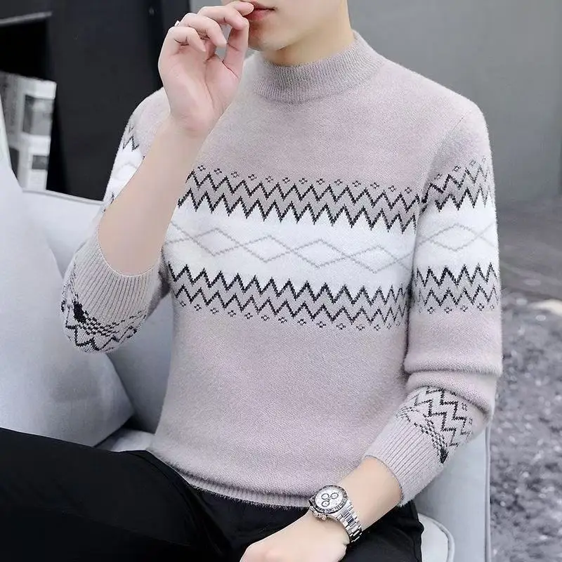 Teenage Boys' Thickened Faux Fur Knitted Sweater Warm Base Layer Shirt Casual Style Long Sleeve round Neck Winter Fashion