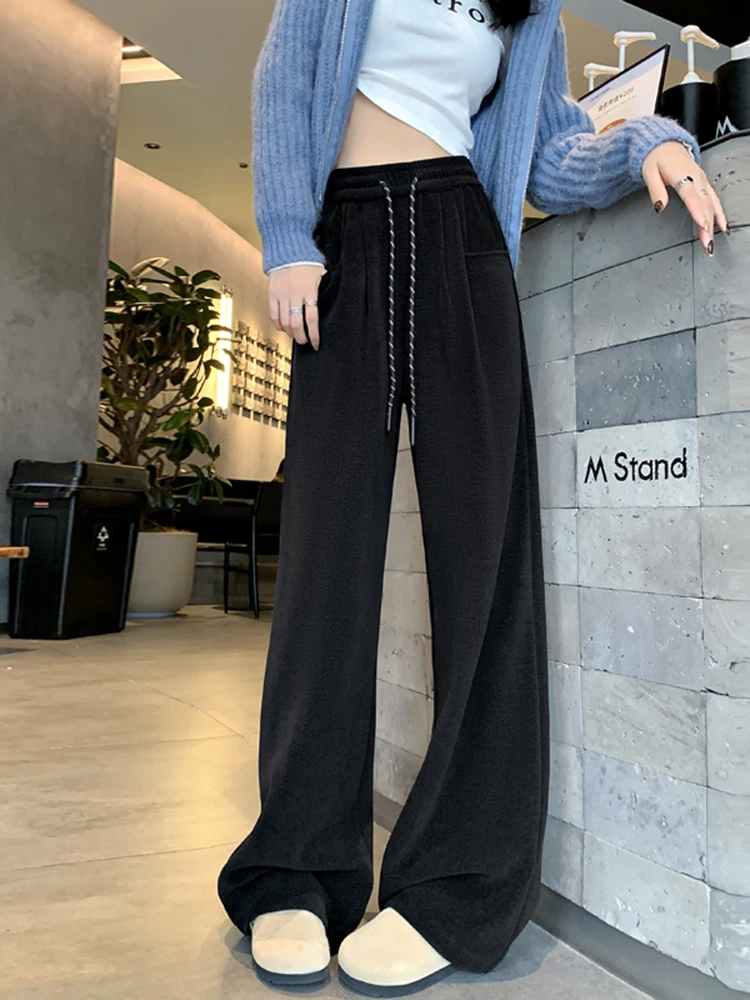 

New Simple Basic Women Pants Casual High Waist White Black Red Knitted Wide Leg Pants Female Fashion Street Slim Woman Pants