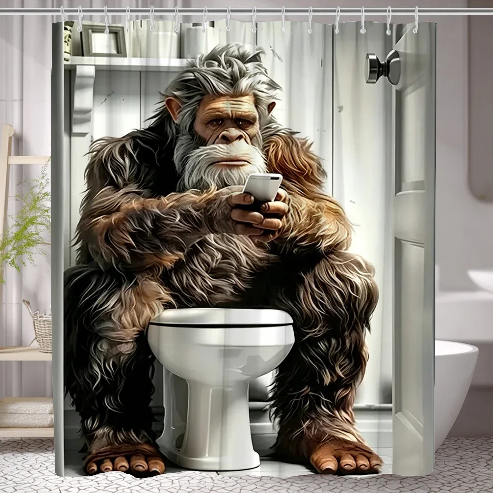 Funny Dog Monkey Bath Shower Curtain,Cute Monkey Reading Newspaper on Toliet Bathroom Curtain Washable Cloth Kids Shower Curtain