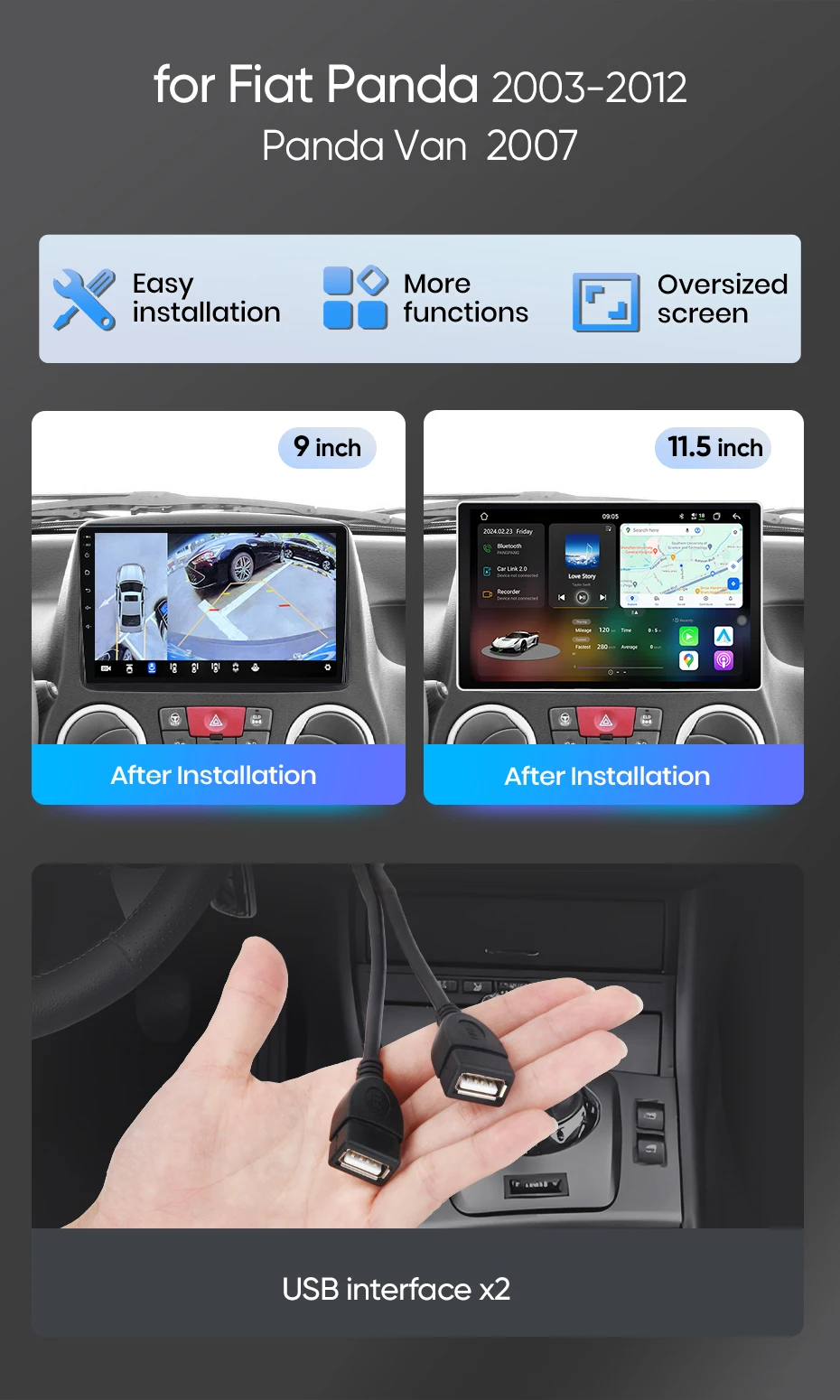 Junsun Android Auto Autoradio für Fiat Panda 2003 2004 2005 2006-2012 Panda Van 2007 Multimedia Wireless Apple CarPlay Intelligente Systeme IPS Touchscreen Stereo Videoplayer 2 Din Autoradio Head Unit Navigation BT GPS 4G WIFI FM AM DSP RDS SWC – Detail 4