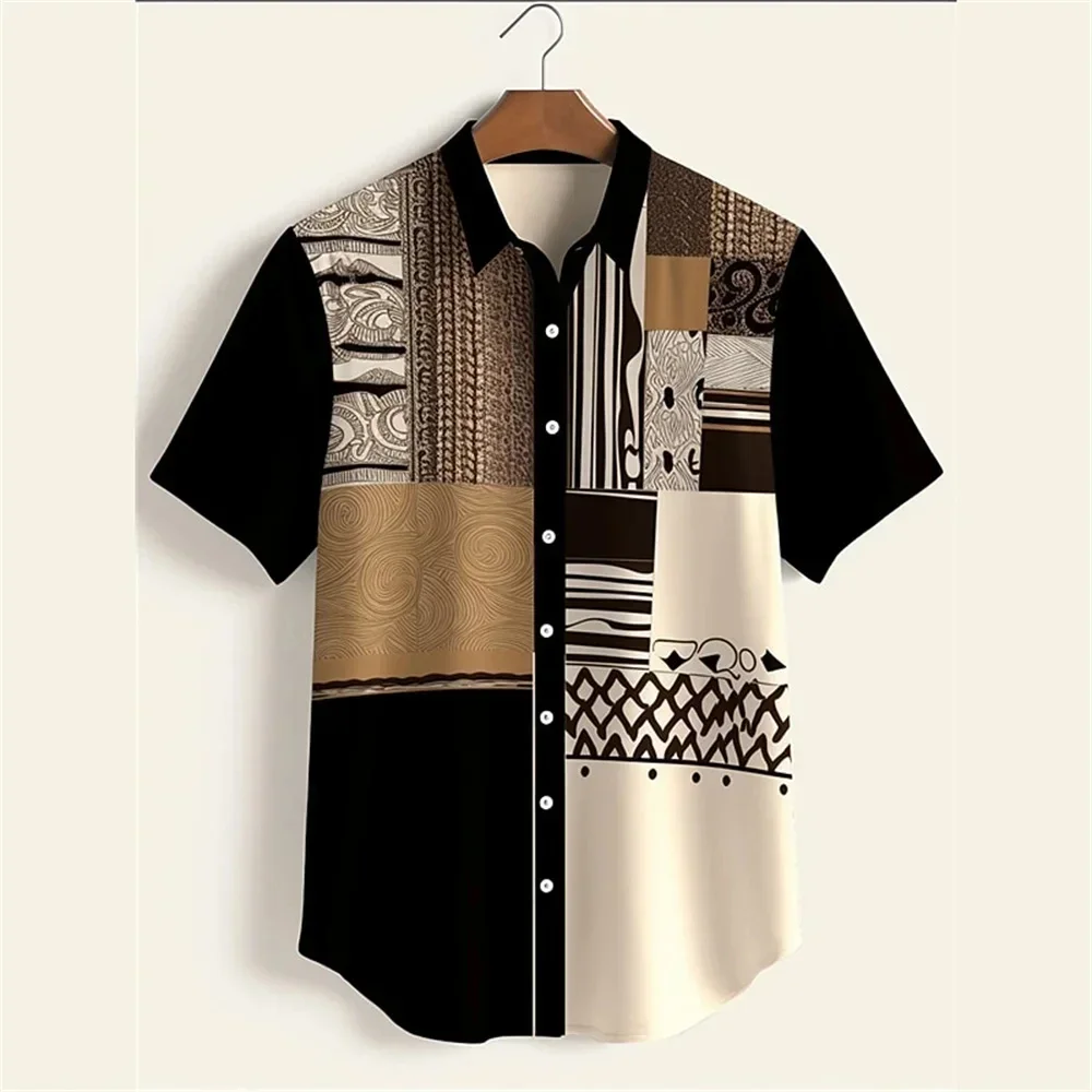 Men Tribal Shirt Short Sleeve Ethnic Bohemian Vintage Retro Patchwork Print Casual Summer Novelty Trendy Cool Fashion Edition