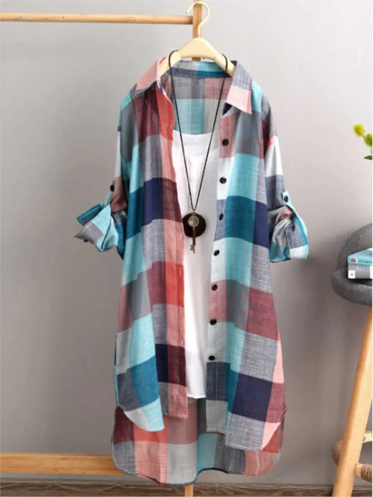 Fashion Plaid Shirt Long Women\'s Tops Spring Autumn Full Sleeve Casual Loose Print Button Blouse Coat Female Beach Cover-up