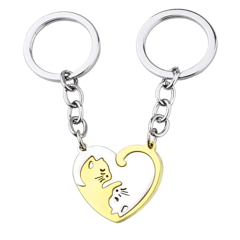 Heart-shaped Patchwork Love Cat Keychain Pendant Couple Key Chain Jewelry European and American Stainless Steel