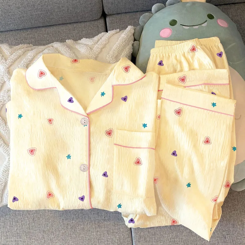 

New Women Autumn Pajamas Sleepwear Long Sleeve Lapel Sweet Heart Print Loose Homewear Female Leisure Clothing Sets Loungewear