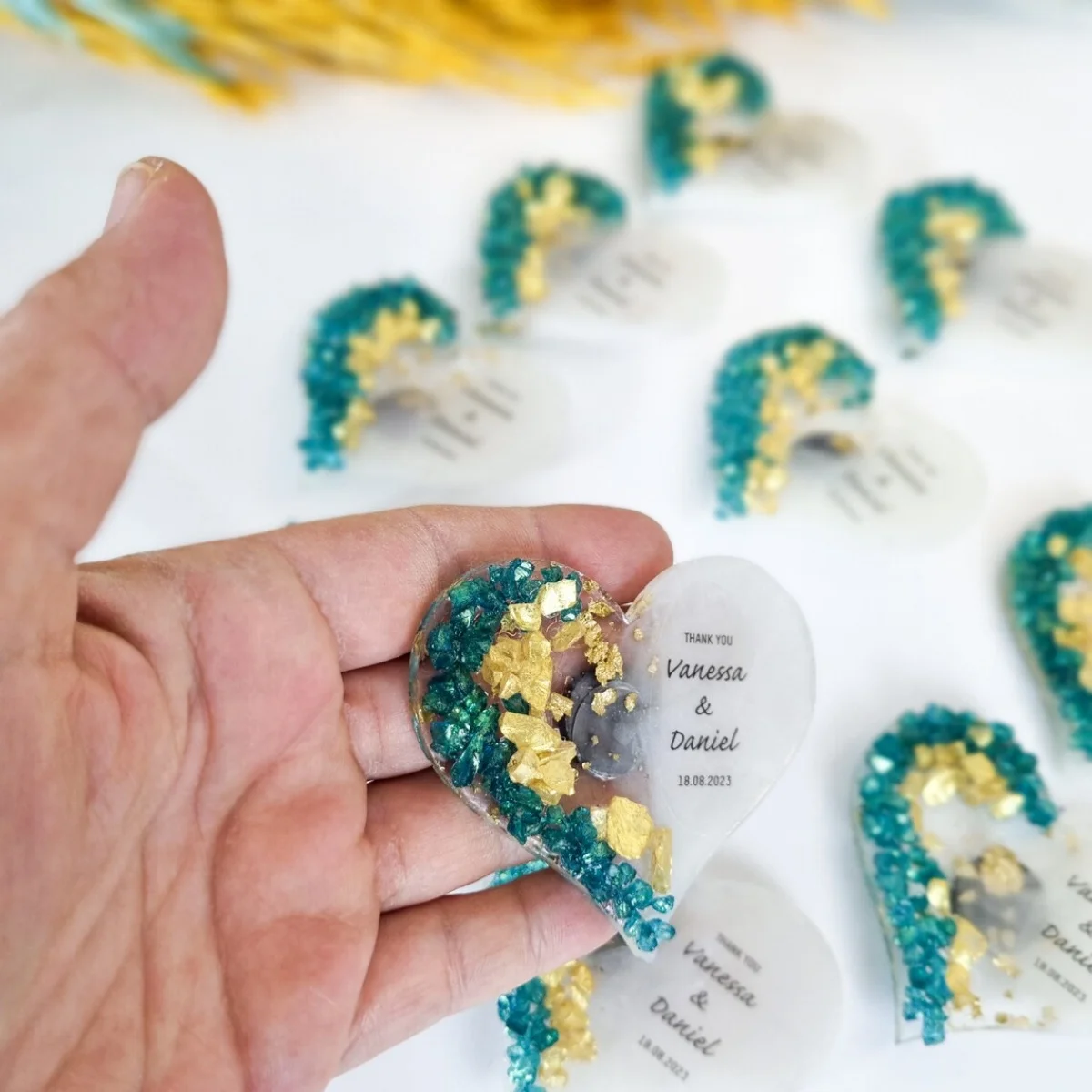 

Heart Magnet Wedding Favors: Green & Gold Keepsake, Personalized Magnet