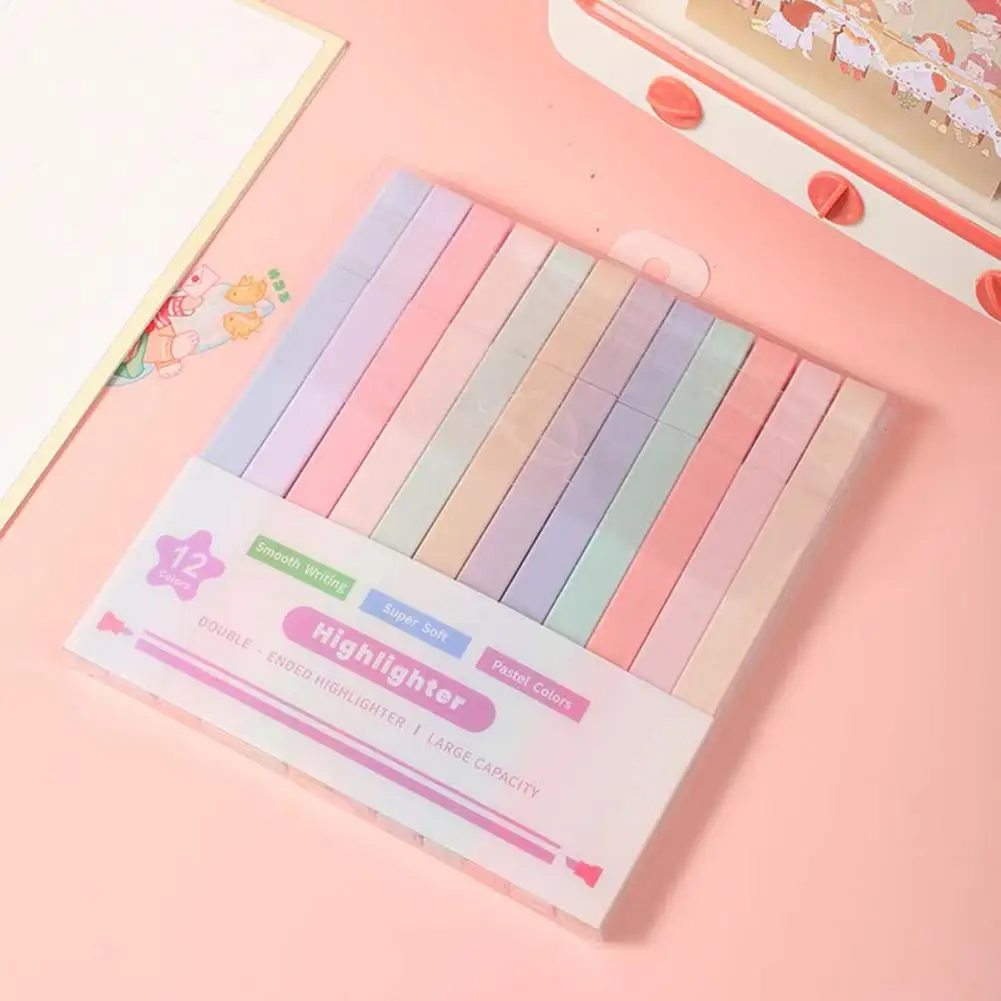 蛍光デュアルチップ蛍光ペン、防汚インク、快適なグリップ、スラントまたはラウンドチップ、学校およびオフィスの文房具、12個