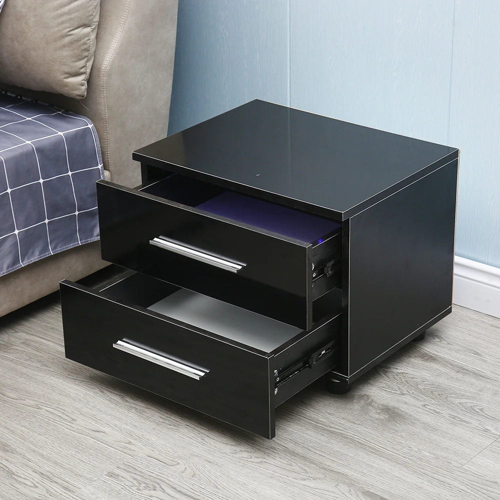 Modern High Gloss LED Lights Nightstand Bedside End Table With 2 Drawers