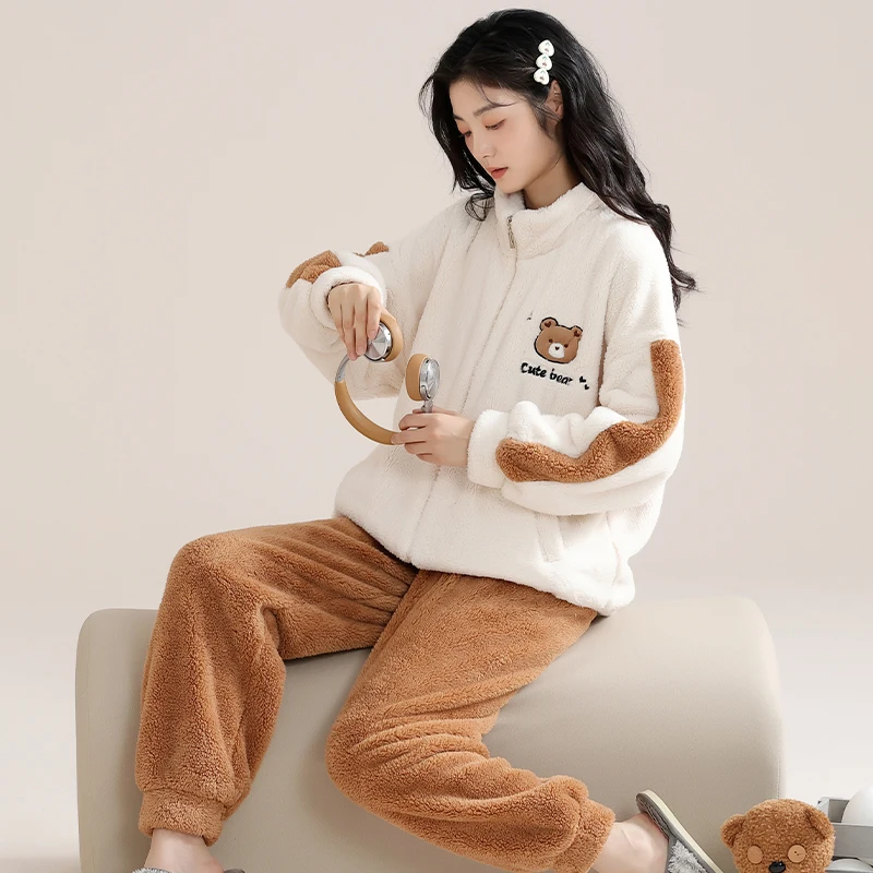 MiiOW Winter Zipper Women Pajamas Set Flannel Warm Sleepwear Thicken Soft Coral Fleece Loungewear Cute Cartoon Bear Girl Pyjamas