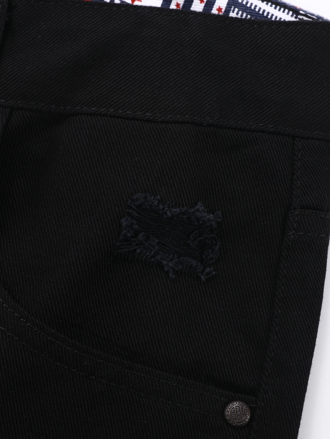 ผู้ชายสีดํา Ripped Casual กางเกงผ้าฝ้ายไม่ยืดกางเกงขายาว Slim Street Casual สไตล์ห้ากระเป๋าคลาสสิกกางเกง