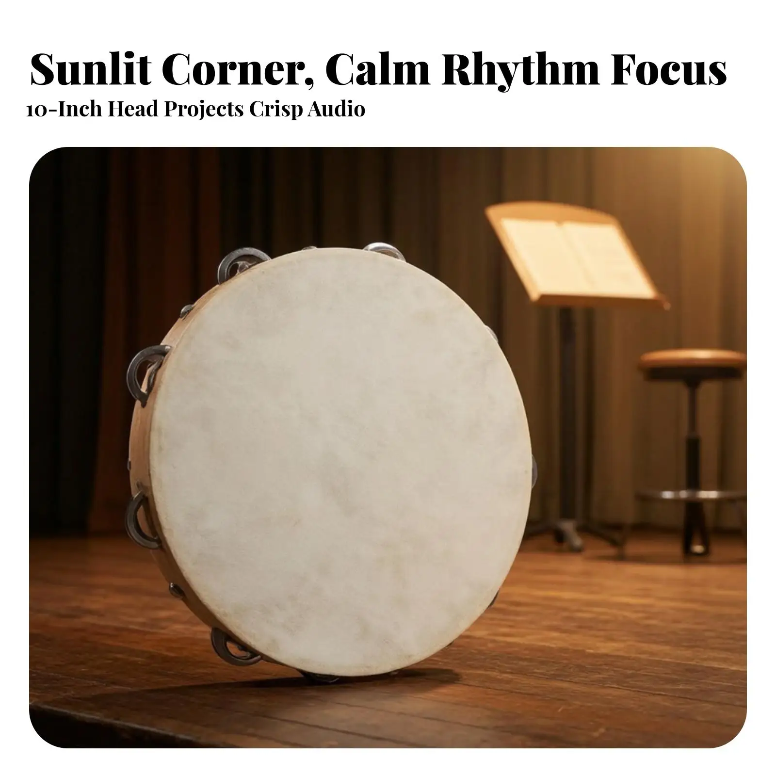 Childrens Wooden Tambourine with Sheepskin and Steel Bells Double Row Percussion Hand Drum for Dance and Music Education