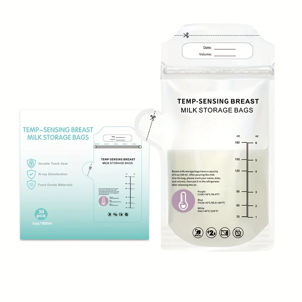 30 sacos de armazenamento de leite materno dos pces, saco de armazenamento de leite materno de 6oz com bico de derramamento, saco de leite de mudança de cor de detecção de temperatura