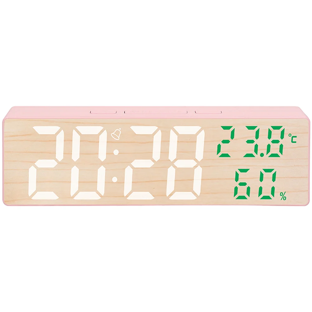 LED Clock with Wood Pattern Front Panel Real-Time Temperature and Humidity Monitoring Alarm Setup and Calendar View for Home