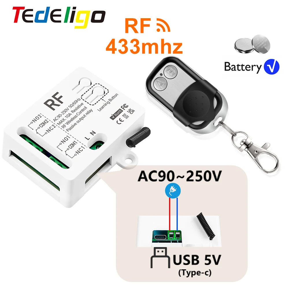 433Mhz Universal Wireless Remote Control Switch AC 110V 220V RF 2CH Relay Receiver Module+RF Remote Transmitter for Light/Motor
