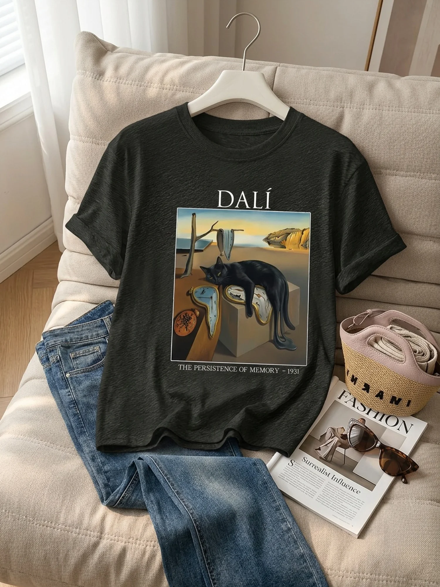 Dali's Persistence in Memory, Black Cat, Printed Women's Spring and Summer Clothing, Combined Version Round Neck T-shirt