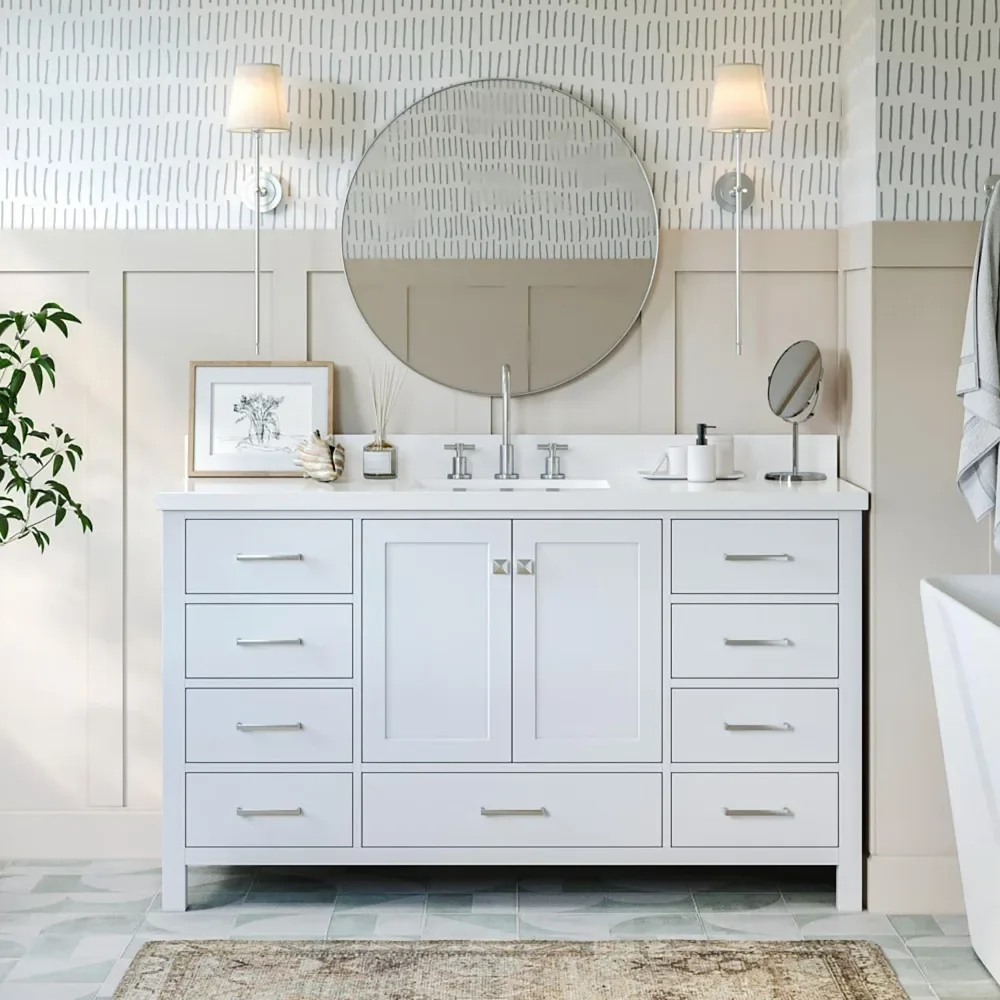 

61"White Bathroom Vanity with 1.5" Edge Pure White Quartz Countertop & Backsplash, Center Rectangular Sink, 4 Soft Closing Doors