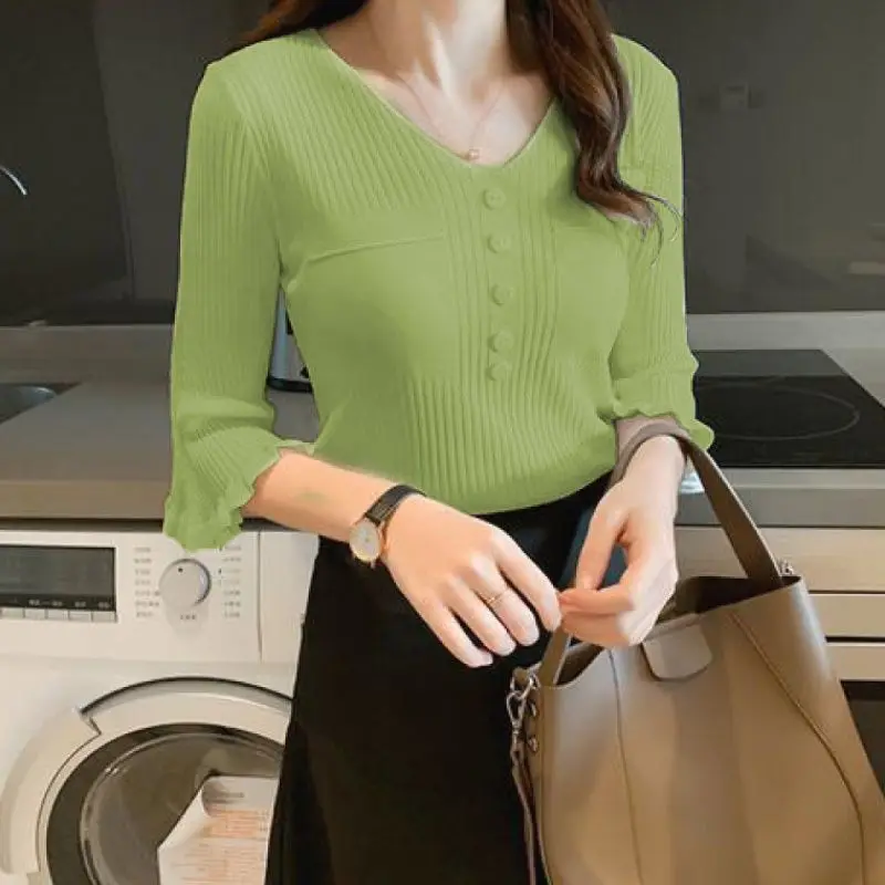 V-neck Mid-sleeved 2025 Spring and Summer New Korean Version Slim Black Ice Silk Sweater Women's Thin Flared Sleeve Top