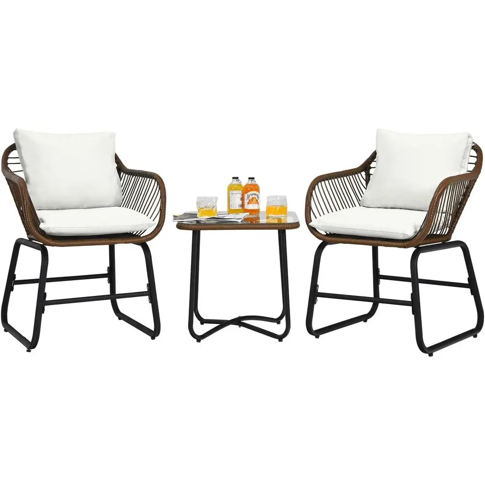 

3-Piece Outdoor Wicker Bistro Set with Coffee Table & Cushions, Suitable for Patio, Porch, Balcony, Backyard, Pool, Deck, White
