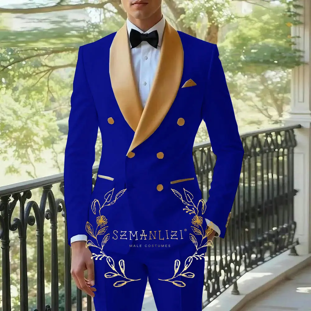 Weißer Herrenanzug, zweireihig, Blazer, Hose, neueste Designs, goldenes Schalkragen, schmale Passform, 2-teiliger Smoking, Bräutigam, Abschlussball, Anzüge, Ternos